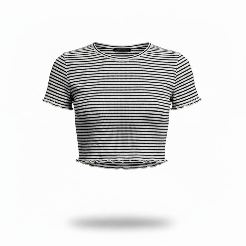 American Eagle Black & White Striped Lettuce Hem Crop Tee Size M